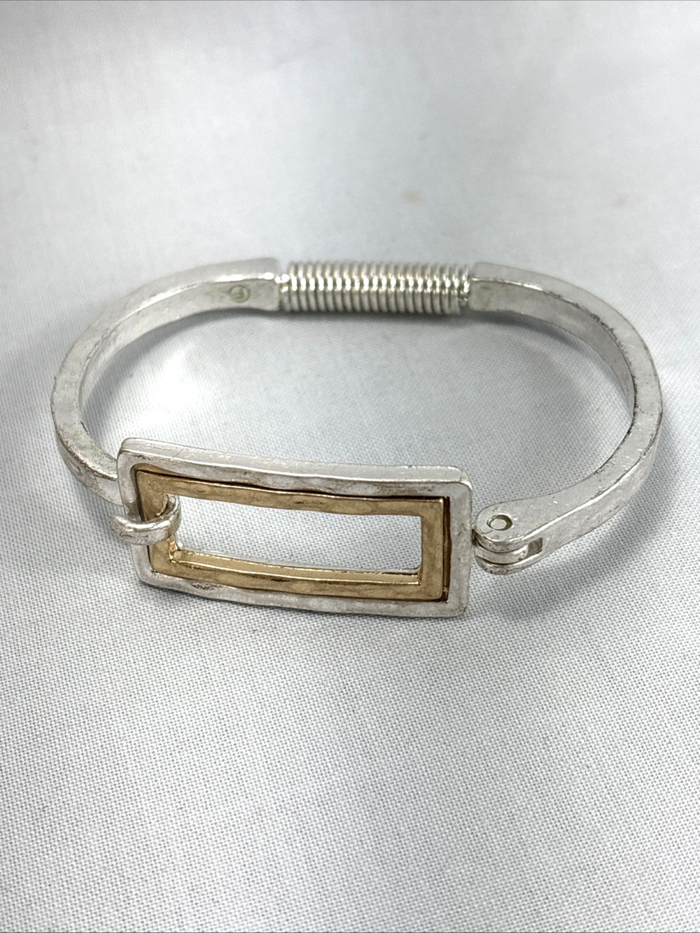 Abstract Gold Silver Tone Clamper Hinged Bangle Bracelet Art Deco
